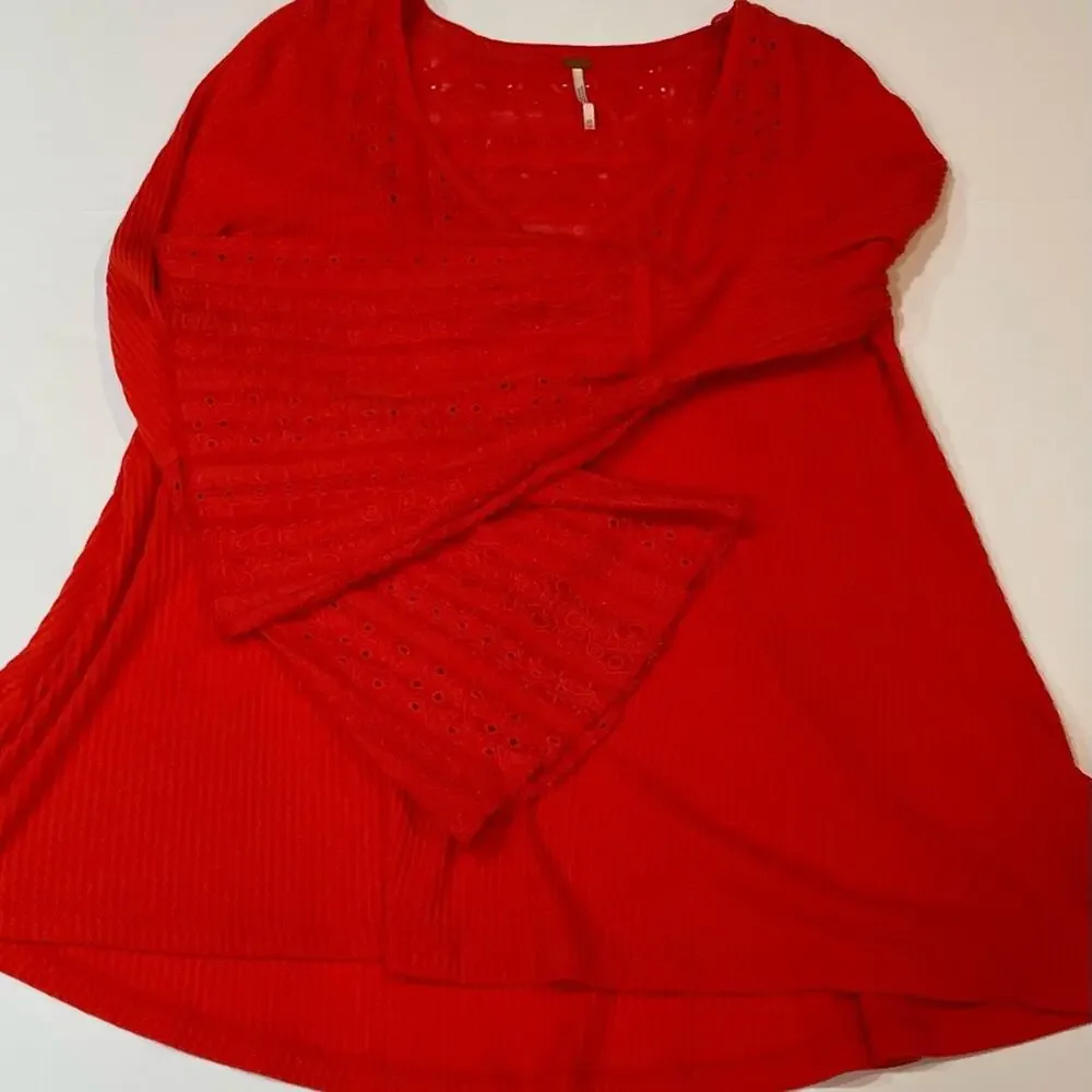 Free People Partisan Boho Red Ribbed Bell Sleeve Embroidered Blouse - XS